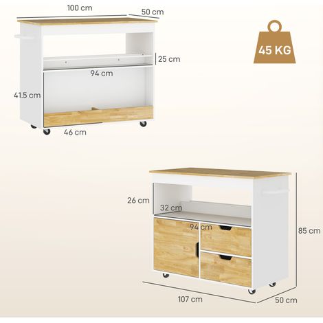 Chariot cuisine chêne 107x50x85cm avec plan de travail,tiroirs et porte fermeture douce,compartiment ouvert pour bureau.