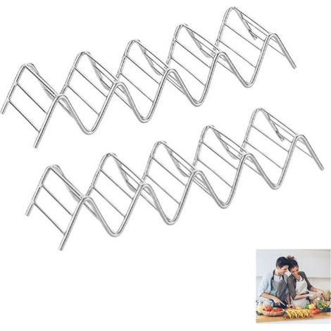 Confezione da 2 - Supporto per taco - Supporto per taco in acciaio inox - Supporto per taco - Adatto per taco con guscio croccante, morbido e ripieno - 22,5 x 4,2 x 6,2 cm - Argento (1/5)