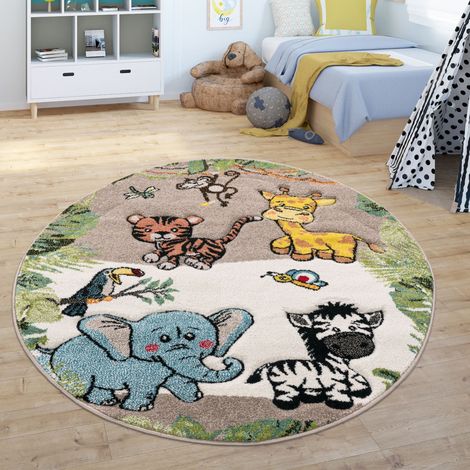 Paco Home Tappeto per bambini, giungla con animali, beige e crema Ø 120 cm tondo