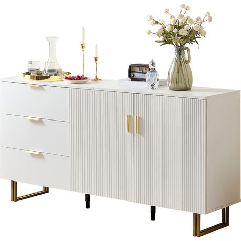 Buffet de Rangement Blanc 160 cm Meuble de Salon Salle à Manger 2 Portes 3 Tiroirs en MDF GL3045W-1 (1/5)
