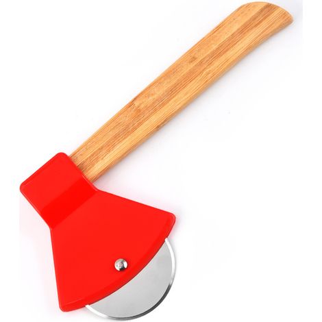 1 coupe-pizza en forme de hache en acier inoxydable, coupe-pizza à molette avec manche en bois, rouge (1/5)