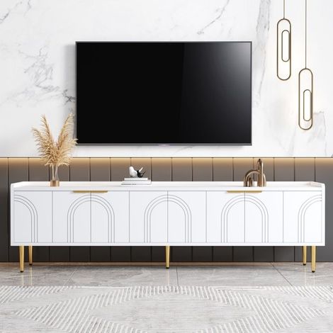 Meuble TV - KOMHTOM - 170x35x47.5 cm - portes texturées - poignées et pieds dorés - pour TV 55-75 pouces (1/5)