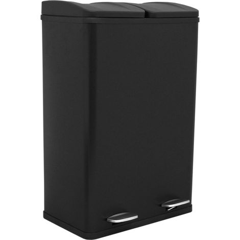 Cubo Basura Negro Doble de Acero Inoxidable con Pedal 60L para Reciclaje y Residuos Generales Dos Compartimentos Extraíbles con Mangos Integrados Base de Goma Antideslizante Paño Microfibra GRATIS