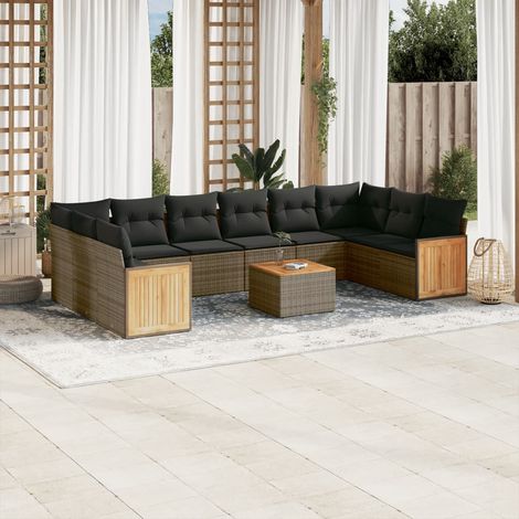 11-tlg. Garten-Sofagarnitur mit Kissen Grau Poly Rattan (1/5)
