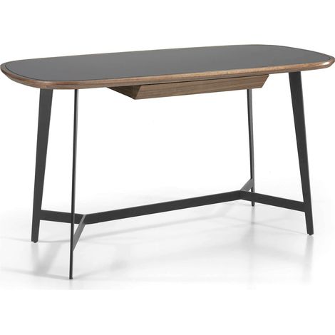 Bureau plateau bois et verre teinté noir tiroir central pieds acier peint époxy - Noyer, noir (1/4)