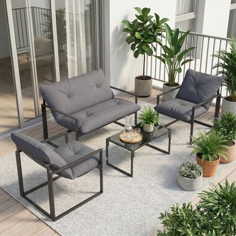 Salon jardin 4 pièces canapé 2 places 2 fauteuils table basse gris (1/5)