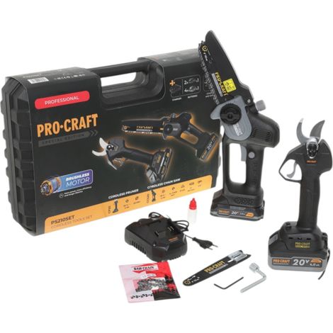 Procraft PS210SET Akku Garten Werkzeug Set CCS20 Mini Kettensäge + CP20 Gartenschere 20 V Brushless + 2x Akku 2,0 / 4,0 Ah + Ladegerät