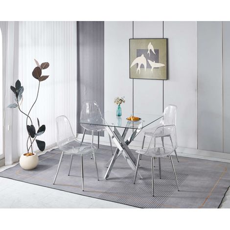 Conjunto de comedor 1 mesa y 4 sillas de metal color cromo, sillas tapizadas en terciopelo con respaldo alto (1/5)