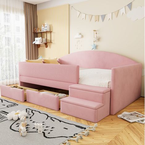 Lit avec tiroirs 90x190 en velours rose HAVRYA (1/5)