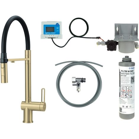 Miscelatore cucina in acciaio con kit filtro acqua e bocca elastica finitura oro spazzolato - Vora