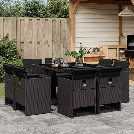 Ensemble repas de jardin 9 pièces, 8 chaises en résine tressée noire avec coussins, 73.6kg - PANGIVO (1/5)
