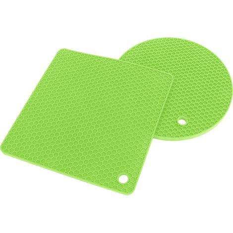 Lot de 5 dessous de plat en silicone ciré (2 ronds et 3 carrés), polyvalents, pour plats chauds et tables (vert). (1/5)