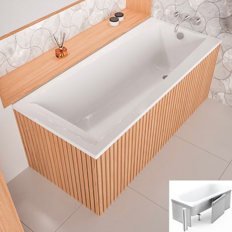 ECOLAM Baignoire rectangle LINDA 150x75 cm + revêtement en polystyrène  pieds siphon + silicone  Acrylique blanc  Baignoire rectangle (1/5)