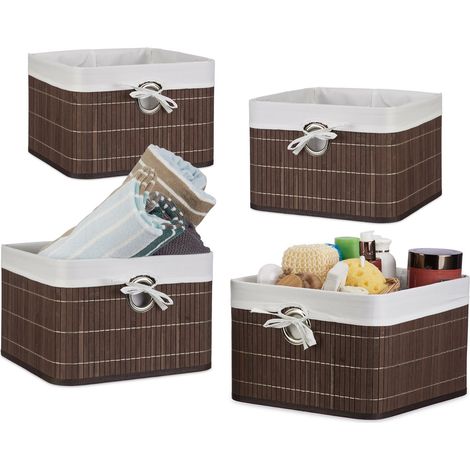 4 Cajas de almacenaje, Funda textil, Bambú, Rectangular, Accesorio decorativo, 20x31x31 cm, Marrón