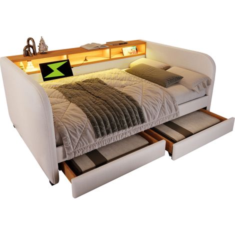 (=AB20754142B) Canapé-lit capitonné 140x190 cm, avec LED et fonction de chargement USB-C, 2 tiroirs et tête de lit avec rangement, lin, beige clair (sans matelas) (1/5)