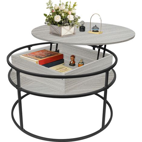 Haloyo® Table basse ronde avec plateau relevable, Grande Table Basse Ronde en Bois Massif, Table Basse Ronde 2 Niveaux, Table de Salon Bois,pour Salon, Séjour,Bureau, 80x80x47cm-Couleur bois (1/5)