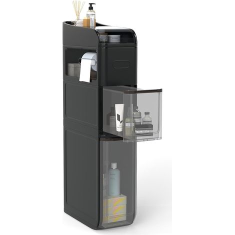COSTWAY Mobile da Bagno a 4 Ripiani, Mobiletto Stretto da Pavimento con 2 Cassetti, Portafazzoletti e Ripiano Superiore, Armadietto Impermeabile in Plastica su Ruote per Camera da Letto (Nero) (1/5)