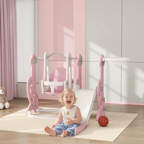 4 en 1 Parque Infantil Interior para +18 Meses Conjunto con Trepador y Canasta con Temática de Cohete Rosa y Blanco (1/5)