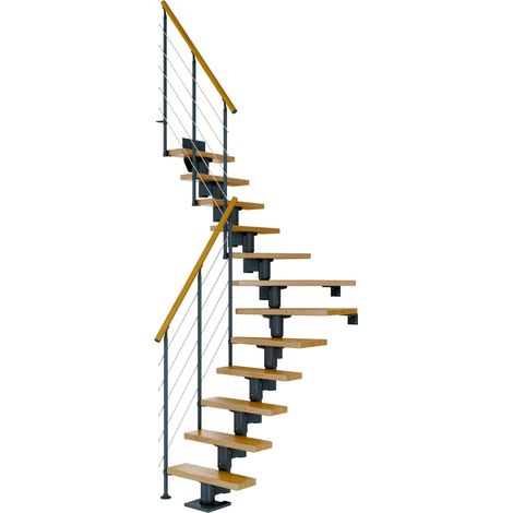 Dolle Mittelholmtreppe Dublin 1/4 gewendelt aus Eiche lackiert 61 cm breit für GH 278–337 cm UK Metall Anthrazit mitlaufende Edelstahlstäbe