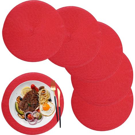 Juego de 6 manteles individuales redondos de polipropileno de Ø32 cm (12,6"), lavables, de color rojo, para usar en cocinas, fiestas y bodas. (1/5)