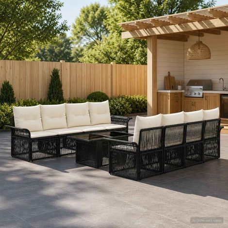vidaXL Set Divano da Giardino 9 pz Nero e Bianco Crema polyrattan (1/5)