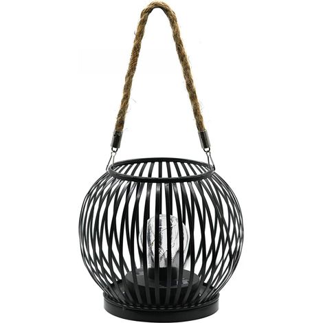 Lanternes solaires d'extérieur à suspendre en métal à rayures rétro 30 x 17 cm (lumières rayées noires) (1/5)