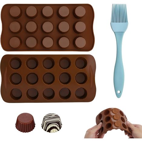 Lot de 2 moules silicone chocolat, 15 cavités, moule tablette chocolat alimentaire, antiadhésif et facile à démouler pour chocolats maison, bonbons et petits desserts, avec pinceau silicone (1/5)