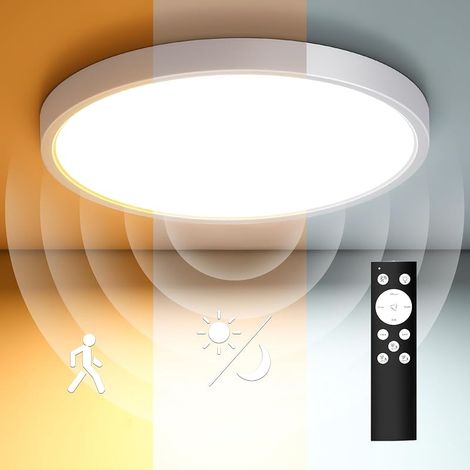 Lampe Detecteur de Mouvement Interieur, 20W 2000LM Plafonnier LED Dimmable avec Telecommande, IP54 Luminaires 4000K Plafonnier Salle de Bain pour Couloir Garage Balcon Cuisine Chambre 23cm (1/5)