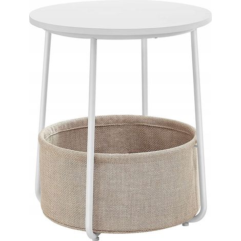 Tavolino da caffè rotondo bianco con cesto portaoggetti beige (1/5)