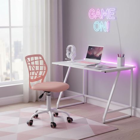 Chaise de Gaming Compacte, Dossier Creux en PP, Hauteur Réglable, Assise Ergonomique Pivotante en Mousse, Base en Fer à 5 roulettes, pour la Lecture, Le Dessin, Le Gaming, Macaron Rose (1/5)