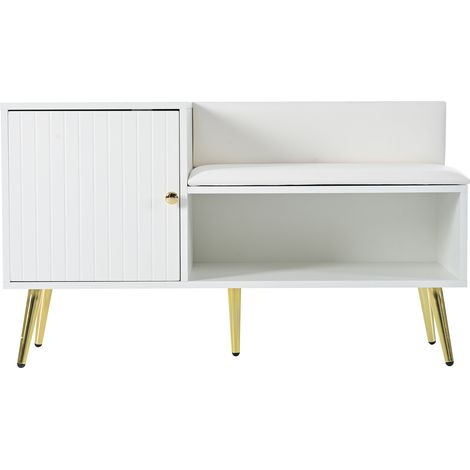 Banc de rangement blanc moderne avec siège rembourré, poignées et pieds métalliques – largeur 100 cm (1/5)