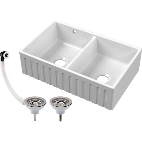 Fireclay Ceramic Double Bowl Fluted Butler Kitchen Sink with Overflow and Stepped Weir, Strainer Wastes, 795mm - Chrome (1/3)