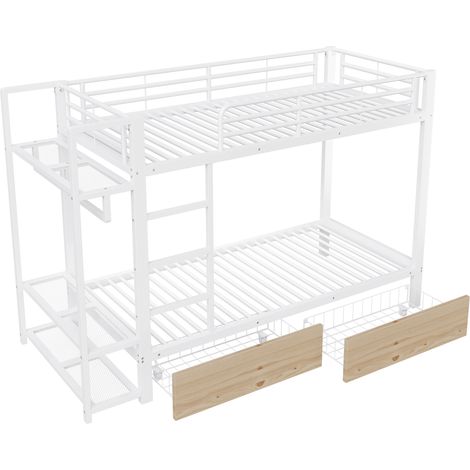 Lit superposé 90 x 200 cm en métal et MDF blanc avec 2 tiroirs et LED (1/5)