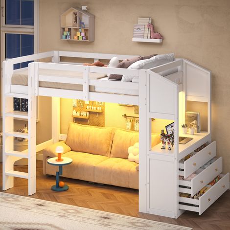 Hochbett 90x200 cm mit 3 Schubladen, Regalen, LED, Kiefer und MDF, Weiß (1/5)