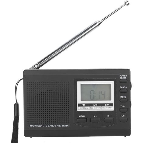 Radio portable mini stéréo HRD-310 avec récepteur FM/MW/SW, horloge numérique et prise casque 3,5 mm.