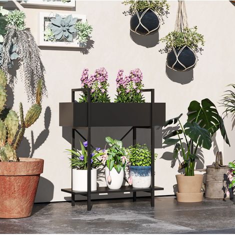 Estantería para plantas de 2 niveles de metal, 60 x 25 x 70 cm, negra HAVRYA (1/5)