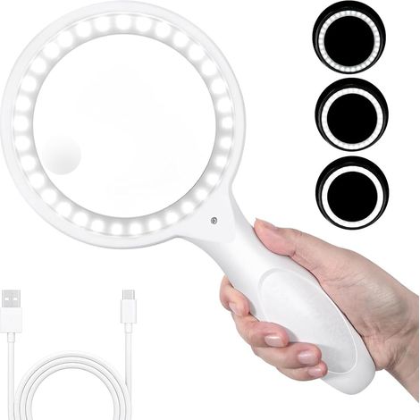 Loupe de Lecture blanc, 60X 30X 33LED Loupe Grossissante avec Lumière, USB Rechargeable Loupe LED, 3 Modes D'éclairage, Loupe Lumineuse pour la Lecture (1/5)