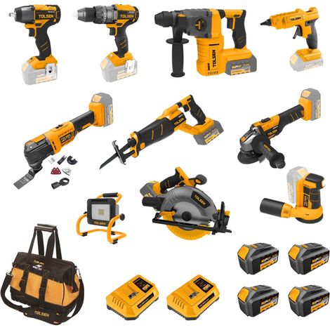 Tolsen Set di 11 Macchine Elettroutensili Serie MP20V Brushless + 4 Batterie 4Ah + 2 Caricabatterie 4 Ah