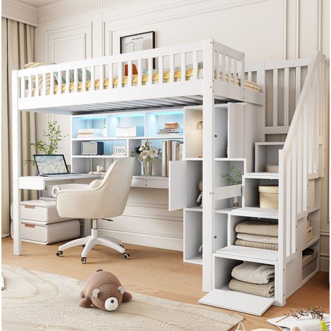 Letto rialzato bambini 90x200 cm con illuminazione LED, scala portaoggetti, ripiani, vani portaoggetti e scrivania, senza materasso, bianco (1/5)