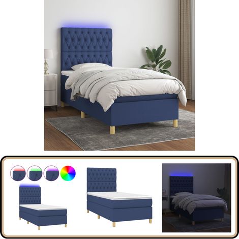 Sommier à lattes de lit et matelas et LED Bleu 90x190 cm Tissu - Lit Plateforme - Lit Design - Lit Moderne - Lit Avec Rangement - Lit Double