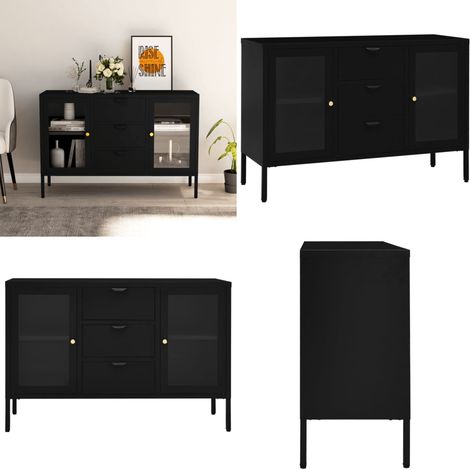 Buffet Noir 105x35x70 cm Acier et verre trempé - Buffet Noir - Meuble Rangement - Buffet Moderne - Buffet Industriel - Meuble Salon - Home & Living (1/5)