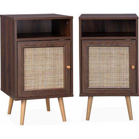 Lot de 2 tables de chevet en cannage - Bohème - 40x39x70cm couleur bois foncé - 2 niveaux - 1 portes - 1 espace de rangement - pieds scandinaves