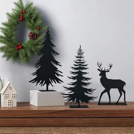 Lot de 3 piquets de sapin de Noël en métal rouillé pour l'Avent, Noël, jardin, terrasse, balcon (noir) (1/4)