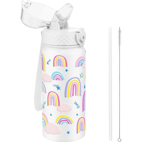 Kinder Trinkflasche 550ml Edelstahl mit Strohhalm, auslaufsicher, BPA-frei, Regenbogen-Design (1/5)
