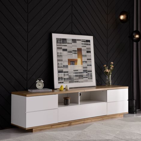 Mobile TV moderno in legno bianco - 5 ante, 8 scomparti, credenza bassa per soggiorno - 180x38x46 cm (1/5)