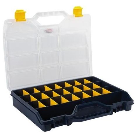 Tayg Boîte d’assortiment, organisateur en plastique, max 24 compartiments, 21 séparateurs réglables, couvercle transparent, empilable, avec poignée, pour vis écrous clous et petites pièces (1/10)