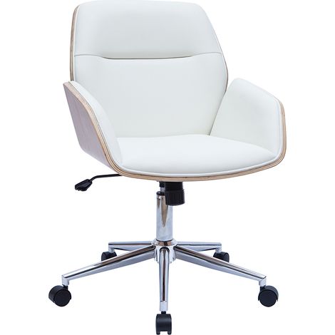 Chaise de bureau à roulettes design blanc, bois clair et acier chromé  MARLOW