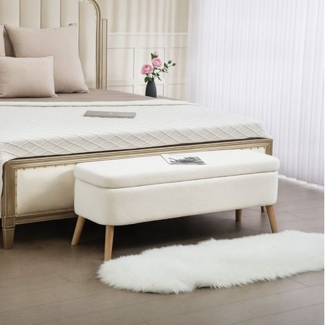 Banc coffre de rangement 65 L 120 x 42 x 45 cm en tissu fleece, bois et mousse crème HAVRYA (1/5)