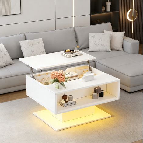Table basse en panneaux de particules blanc brillant 80 x 75 cm, plateau relevable jusqu’à 54 cm avec rangement (1/5)