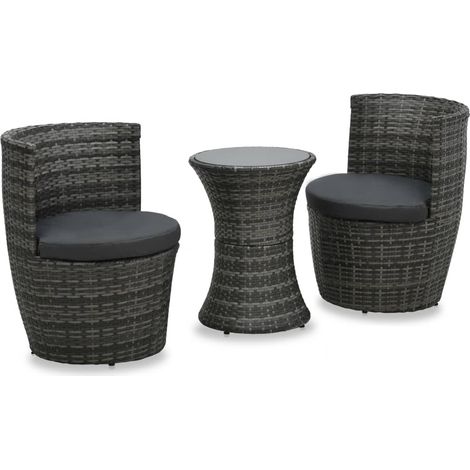 3-tlg. Bistro-Set mit Auflagen Poly Rattan Grau